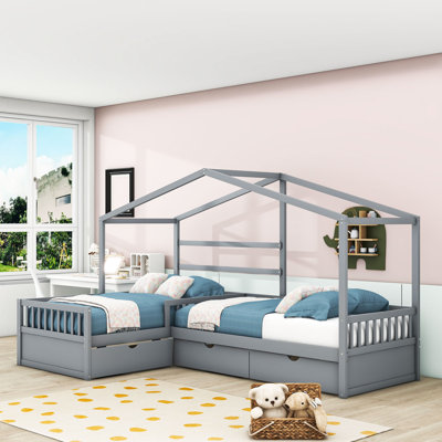 Twin Wooden L-Shaped Platform Bed With Built-In Storage Drawers