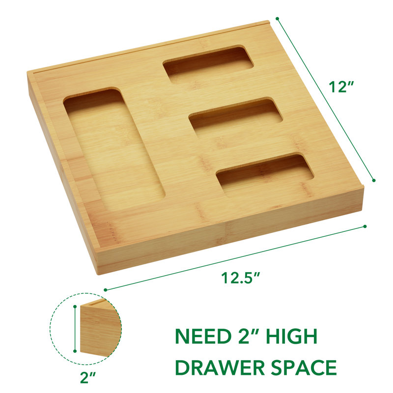 Organisateur de rangement en bambou pour tiroir de cuisine - 1 boîte, 4 compartiments compatible avec les sacs gallon, pinte, sandwich et collation