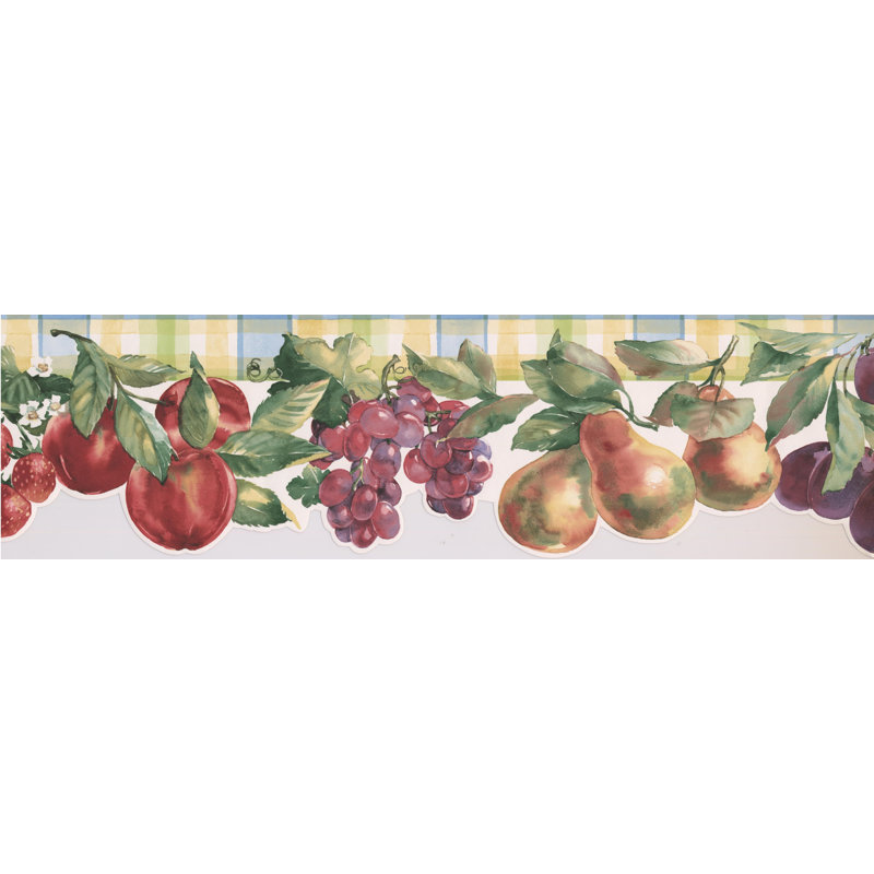 Bordure de papier peint style rétro de 15 pi x l 6,75 po pomme, poire, raisin, prune, fraise et cuisine pour salle de bain