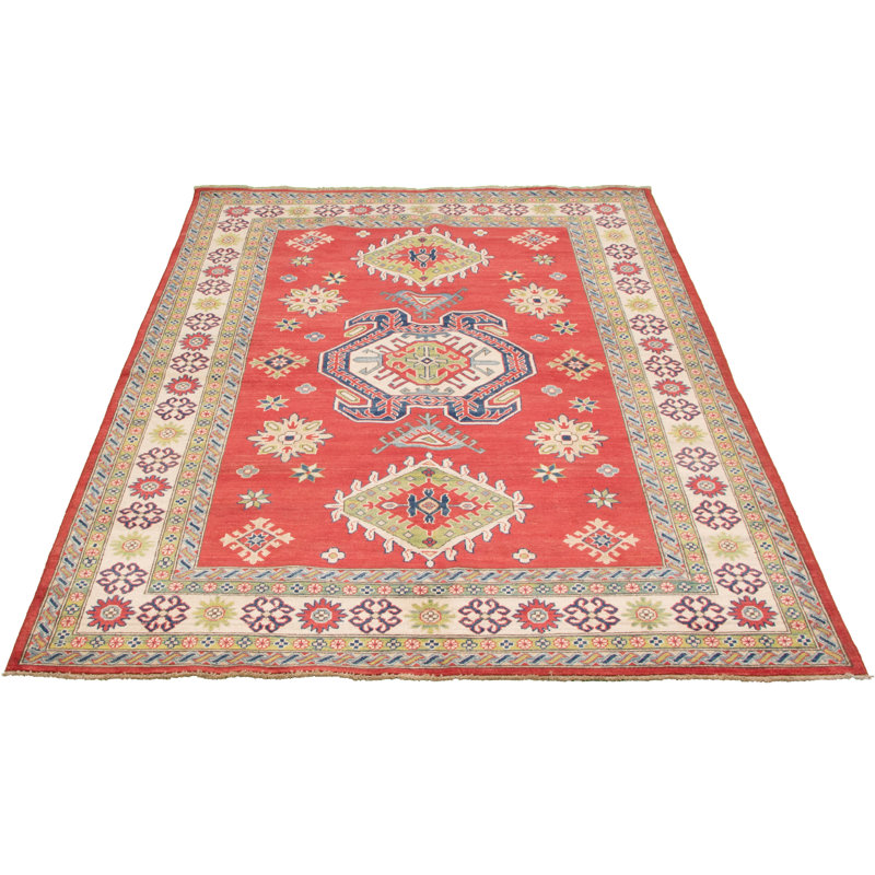 Tapis unique en laine noué à la main rouge Gazni des années 2010 de 6 pi 11 po x 9 pi 8 po Qaiden