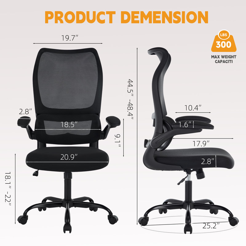 Chaise de bureau ergonomique avec support lombaire réglable et appui-tête - Dossier haut en filet respirant, accoudoirs rabattables, noir
