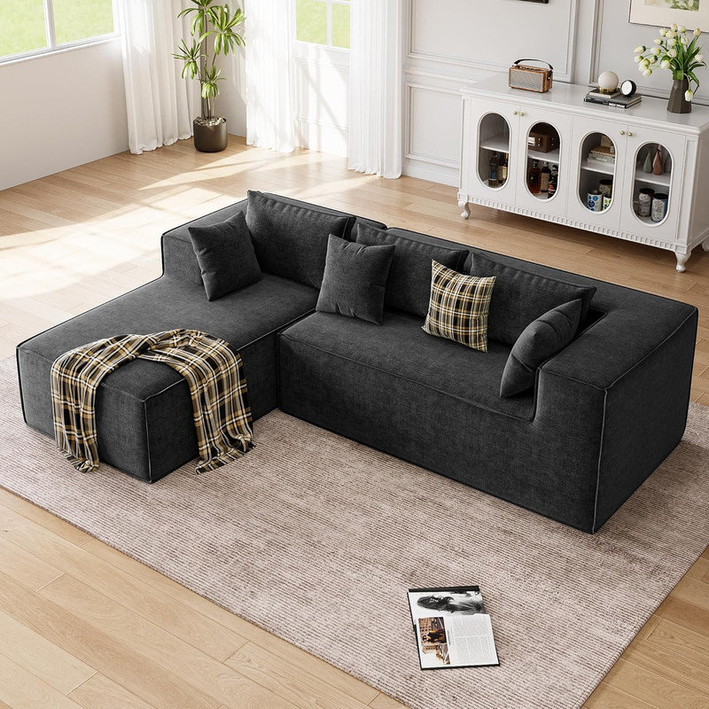 Canapé modulaire en forme de L Boneless, canapé en chenille à assise profonde pour salon, Gris chenille