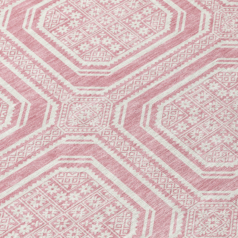 Pink and White Rectangular Washable Synthetic Rug