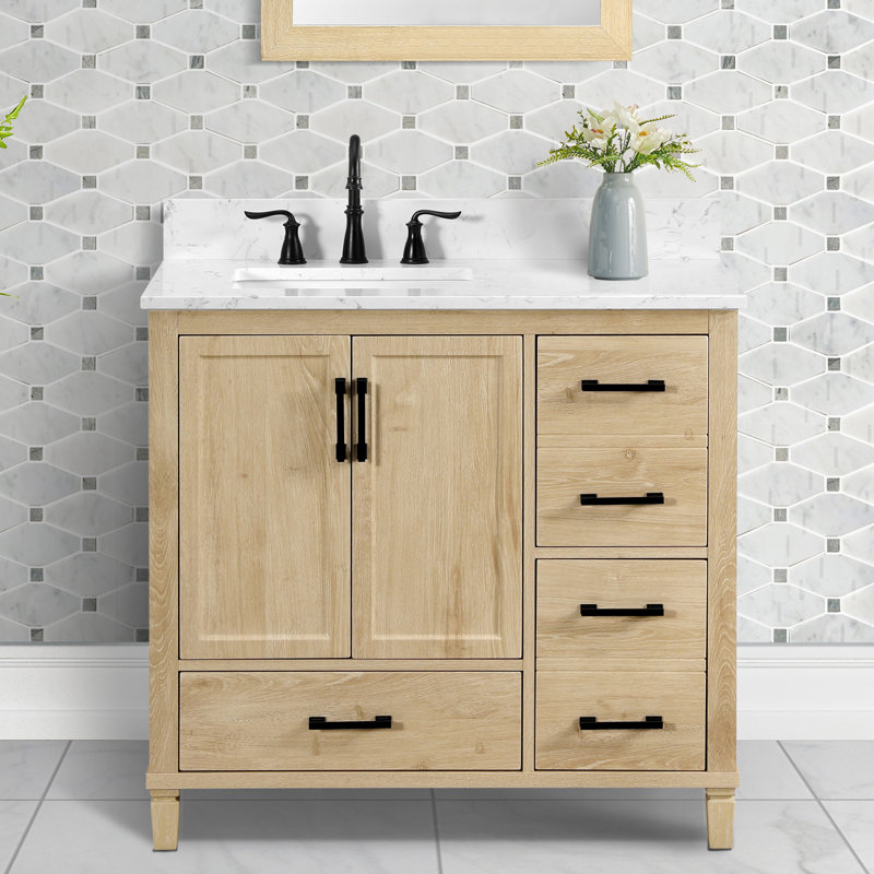 Meuble-lavabo simple 36 po avec comptoir en quartz blanc Carrara, lavabo et dosseret Hardin, pré-assemblé