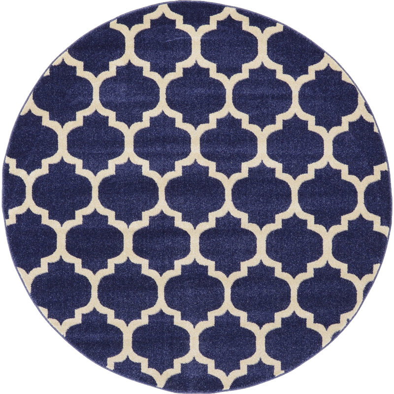 Tapis géométrique bleu foncé / ivoire Ruri, Rond 6 pi 1 po