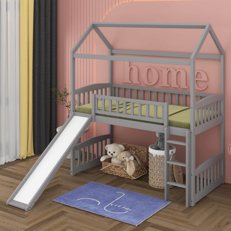 Twin House Loft Bed With Slide, Wood Playhouse Loft Bed Frame With Ladder And Roof For Kids, Gray