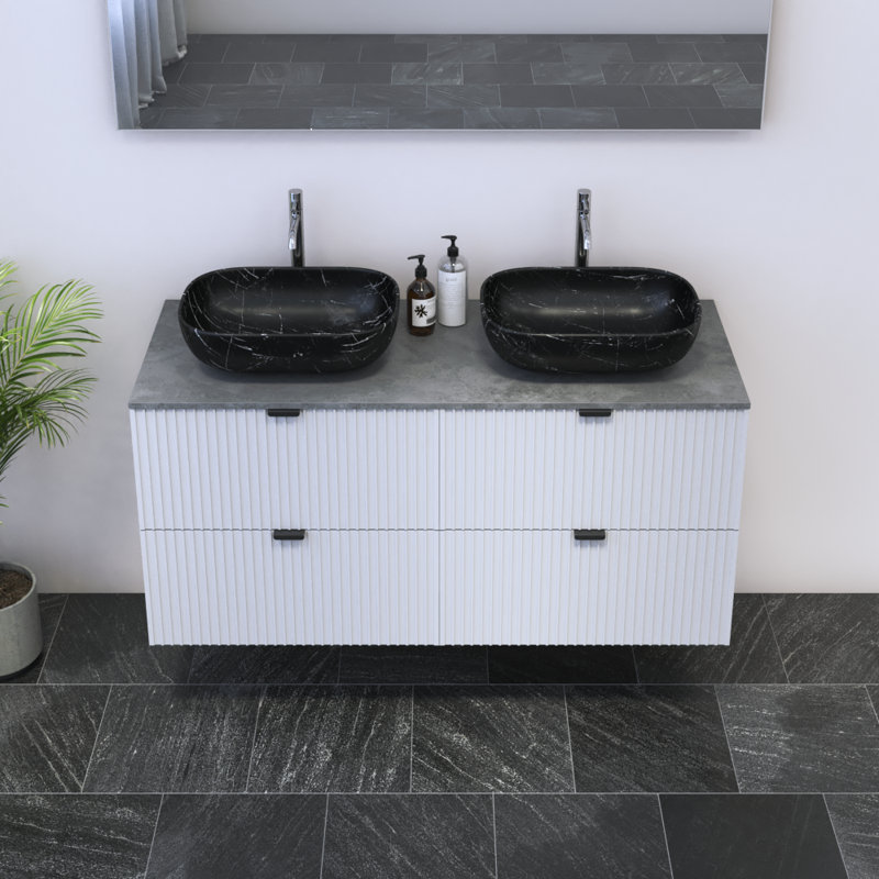 Ensemble de meuble-lavabo double 47,4 po avec plateau Lissia, Béton, Noir