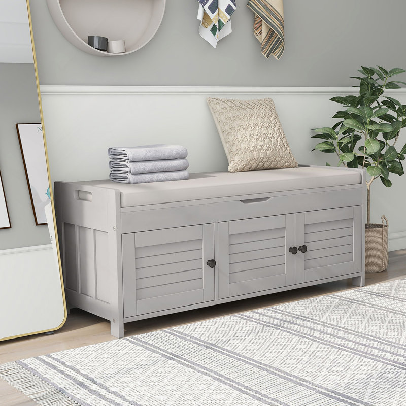 Banc de rangement avec 3 portes en forme de volet, banc à chaussures avec coussin amovible et rangement caché, Gris délavé