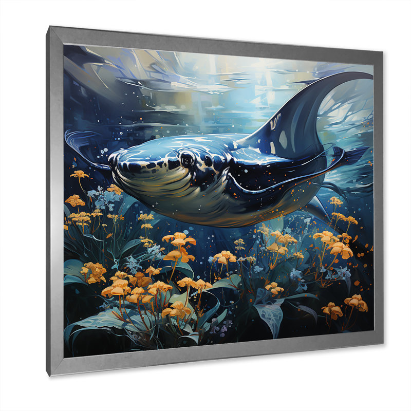Manta Ray Dance 1 - art mural animaux côtiers, Cadre simple argenté, H 30 po x l 30 po x P 1,5 po