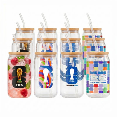 FIFA Set of 12 Glass Can Sippers with Bamboo Lids & Glass Straws - 16 oz Assorted Soccer Designs