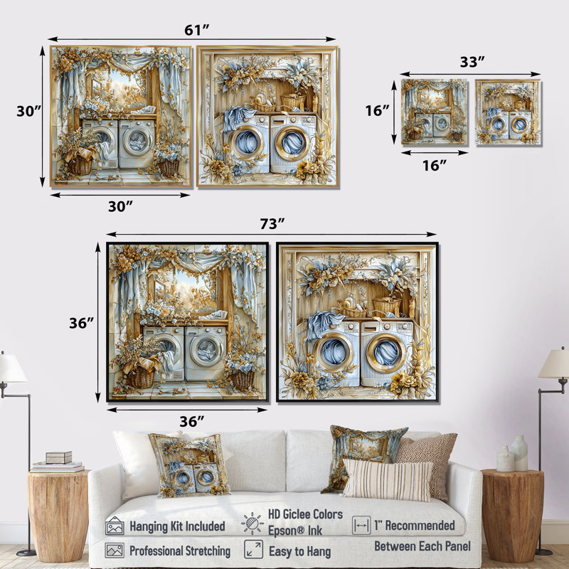 Tissu doré doré «Laundry I» - ensemble de 2 décorations murales modernes, 16" H x 33" W, Impression encadrée flottante, Blanc