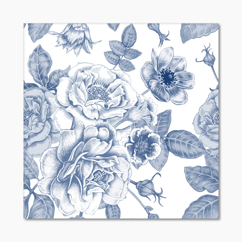 «White Vintage Flowers On Classic Blue II», reproduction d'art sur toile, H 16 po x l 16 po x P 1 po, Toile tendue
