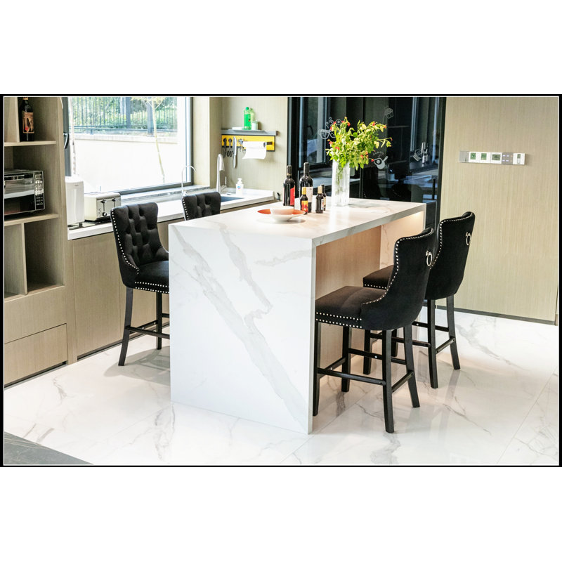 Tabourets de bar contemporains rembourrés en velours avec décoration capitonnée à boutons et hauteur réglable, Noir