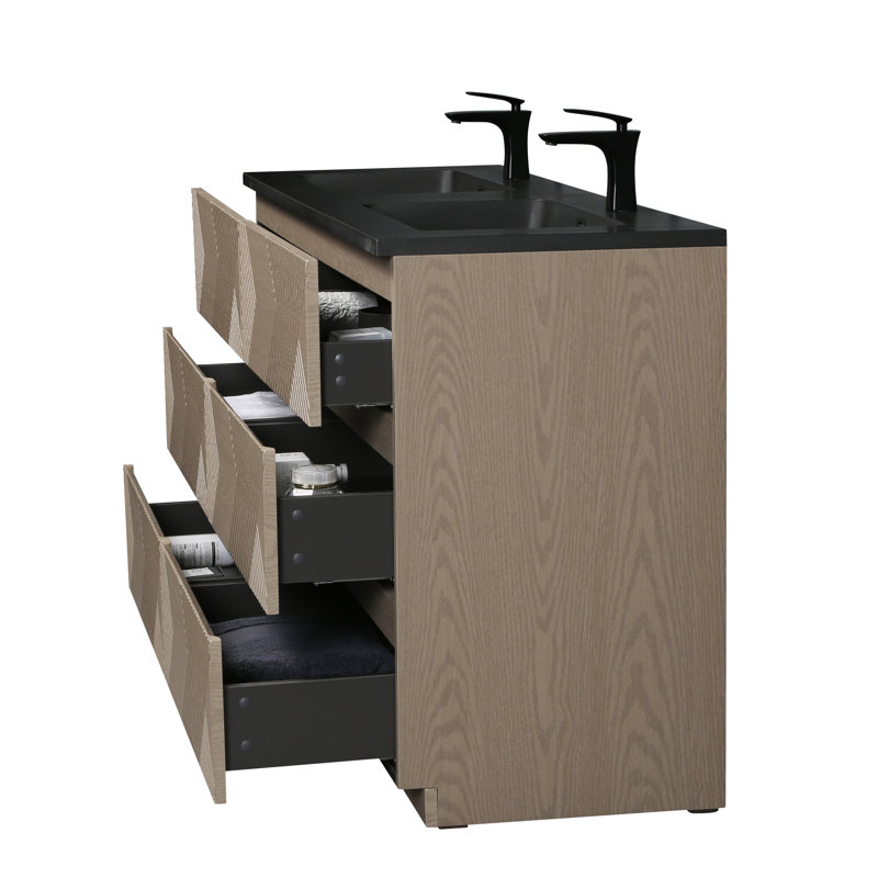 Ilic 60 po L x 21 po P 6 tiroirs Meuble-lavabo autoportant avec évier double et Comptoir en Quartz noir d'ingénierie, 71"