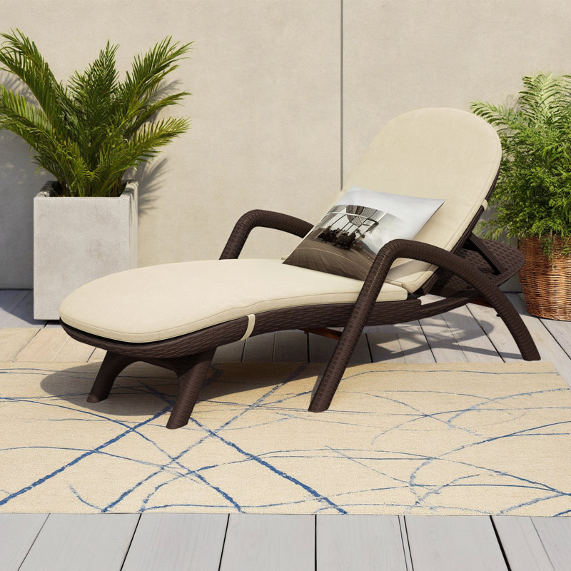 Wicker-Style Outdoor Chaise Lounge with Cushion, Weather-Resistant Lounger, Beige, Brown