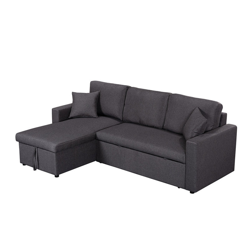 Sorrelle 82"W Dark Gray Linen Fabric Reversible Sleeper Sectional Sofa With Storage Chaise, Dark Gray Linen