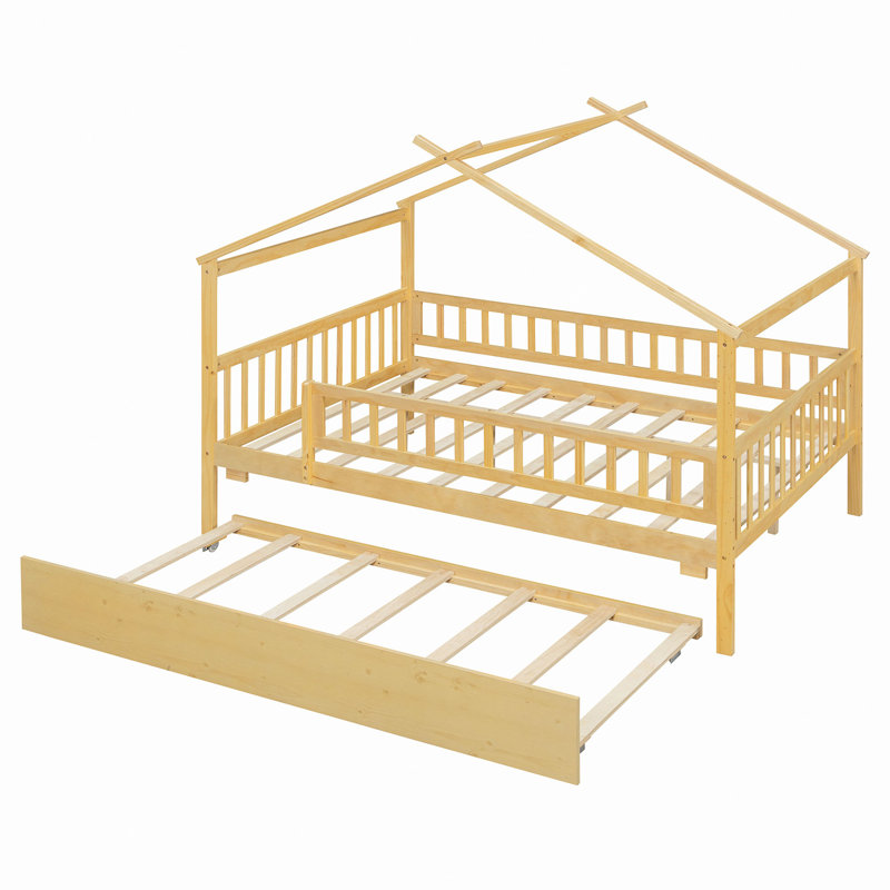 Wooden House Bed With Trundle, Natural
