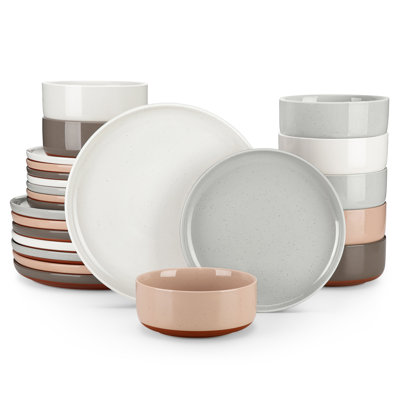 24 Pcs Ceramic Dinnerware Set, Plate And Bowls With Non Slip Base, Specks, Multicolor Set, Brown, Dinner Plates, Dessert Plates And Bowls For 8 Person, Vertical Edge