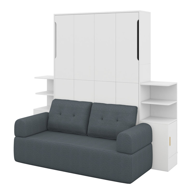 Wall Murphy Bed With Sofa And Storage Cabinets For Home Office And Guest Room, White+Gray