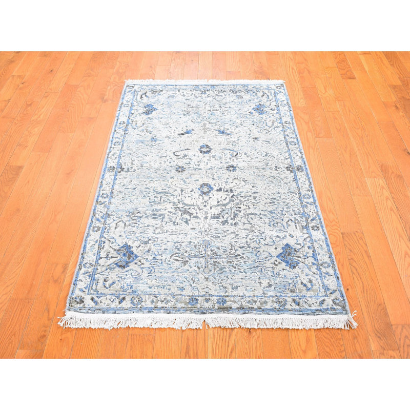 Tapis bleu clair noué à la main de conception unique 3 pi x 5 pi 2 po Corentin