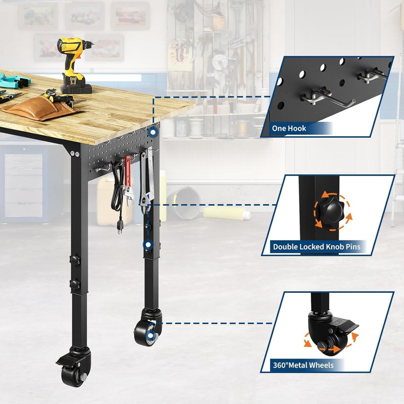 Banc à outils réglable 48 po avec prise de courant, banc de travail, table de travail à roulettes en bois robuste avec roulettes pour garage d'atelier, capacité de charge de 2 000 lb