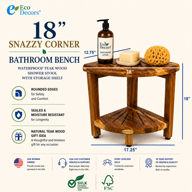 Banc de douche en teck de 18 po avec tablette EcoDecors - Tabouret de douche imperméable pour douche intérieure, siège de salle de bain antidérapant