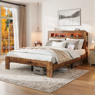 Queen Size Wood Platform Bed Frame With Storage, LED Light Headboard, 2 USB Ports, No Box Spring Needed, Easy Assembly