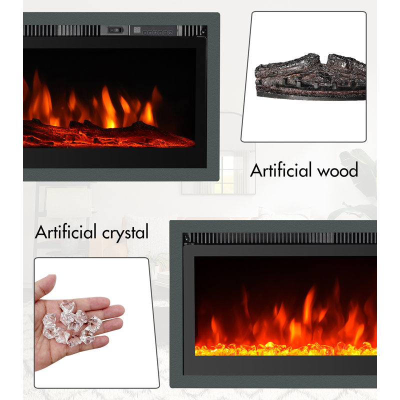 Electric Fireplace Insert Wall Mounted Freestanding Heater Metal Panel With Crystal & Log, 34cm H x 153cm W x 14cm D
