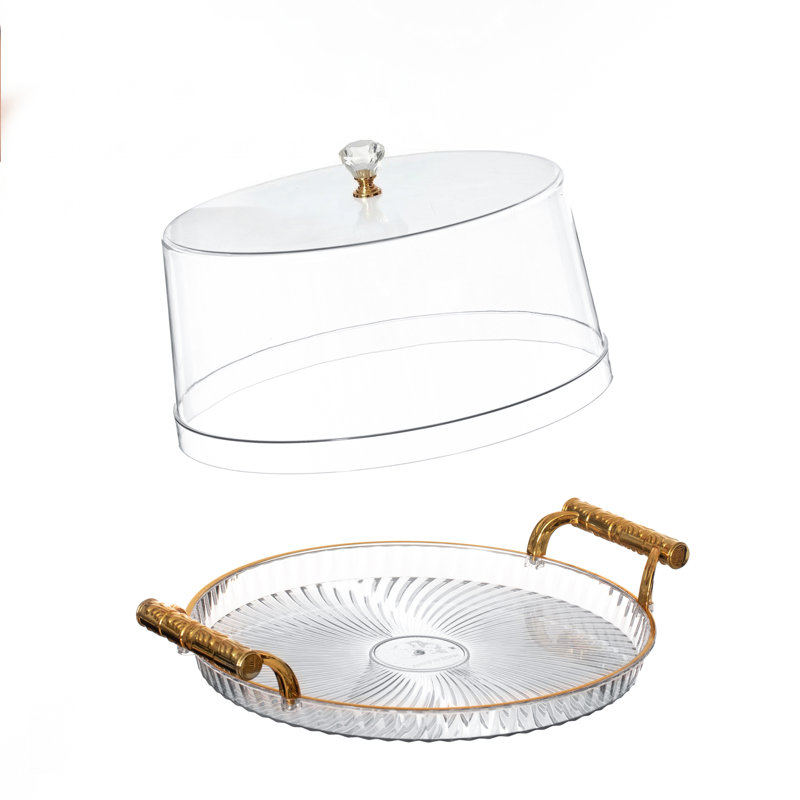 12-inch Round Plastic Cake Stand With Clear Flat-top Cover And Gold Handles Ribbed Serving Tray For Cupcakes Fruits Salads And Desserts Transparent Table Display For Parties And Events