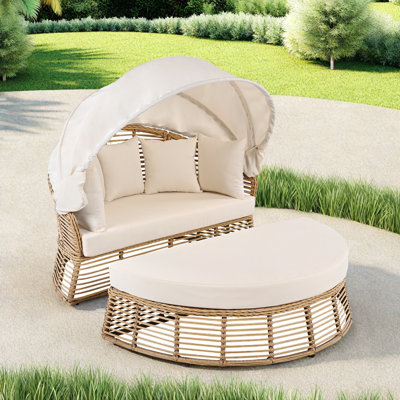 Outdoor Patio Round Daybed With Adjustable Canopy And Cushions