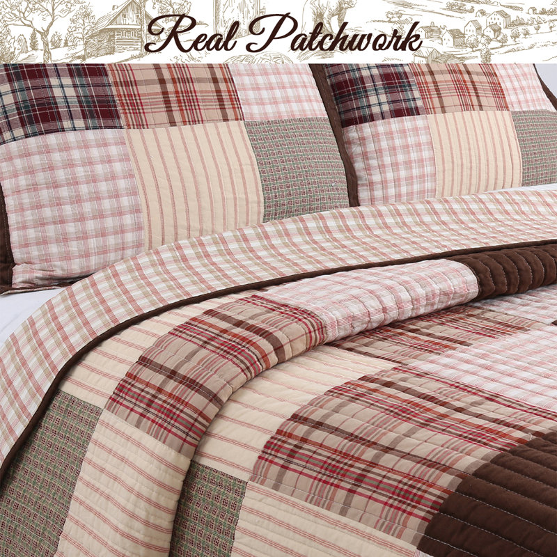 Twin Brown Cotton Reversible Patchwork Quilt Set