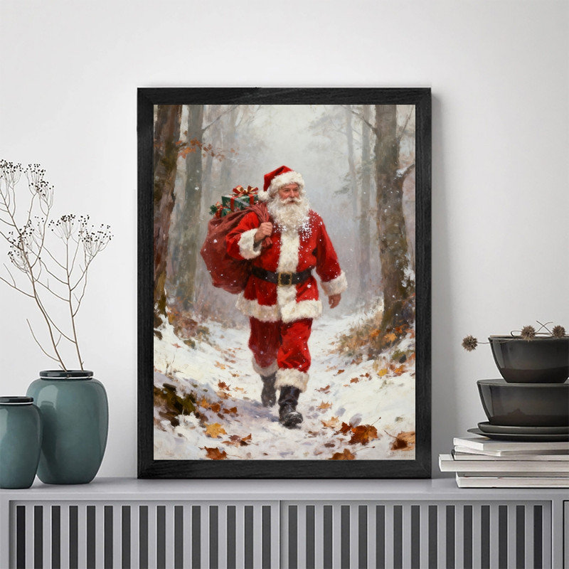 Reproduction d'art encadré noir encadré noir «Santa Claus Forest Christmas», H 37 po x l 25 po