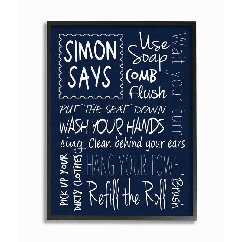 «Simon Says Bathroom Rules», art textuel, Giclée encadrée noir minuit, H 14 po x l 11 po x P 1,5 po