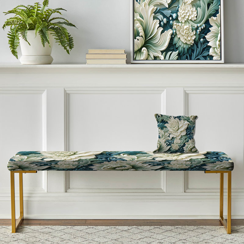 Green And White Paisley Garden Dream - Damask Upholstered Gold Bench