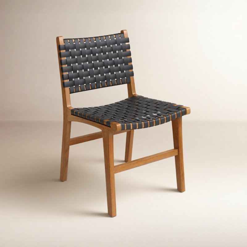 Valeria Leather Side Chair, Black Leather, Natural Wood Frame