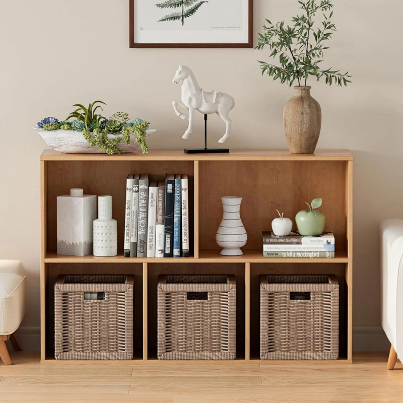Five-Section Closed Back Bookcases, Natural Wood Storage Organizer, Modern Open Shelf Display Cabinet for Living Room Bedroom Office