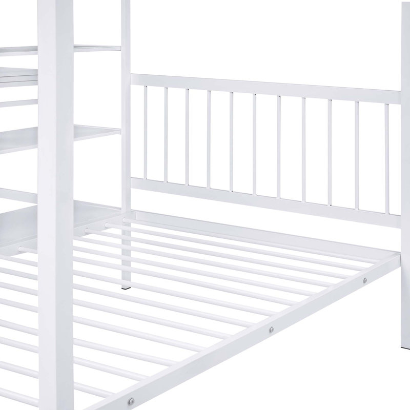 Lit superposé en métal avec bureau intégré, tablettes et échelle, Blanc