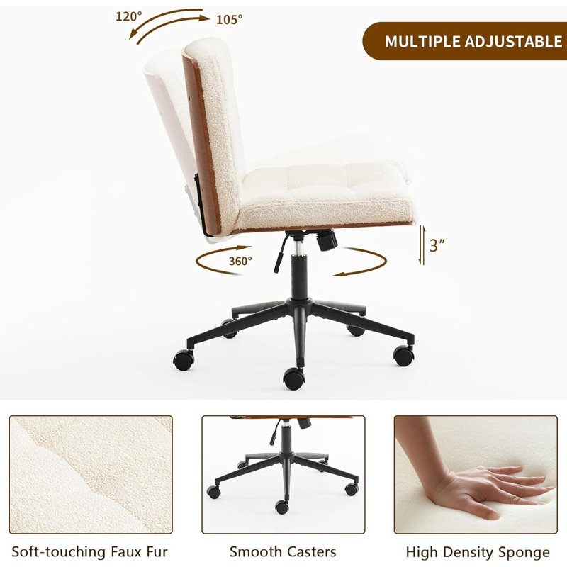 Chaise de bureau pivotante rembourrée Mitchem, Peluche beige