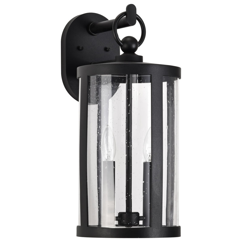 Bahaddin - Grande lanterne murale 2 lumières - Noir mat avec verre bullé transparent, H 15,63 po x l 7 po x P 9 po