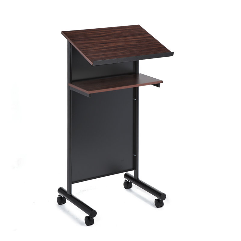 Black and Cherry Metal Standing Desk with Wheels and Shelves