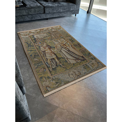 Multicolored Tapestry Design Knight and Princess Patterned Fringed Vintage Decorative Rug