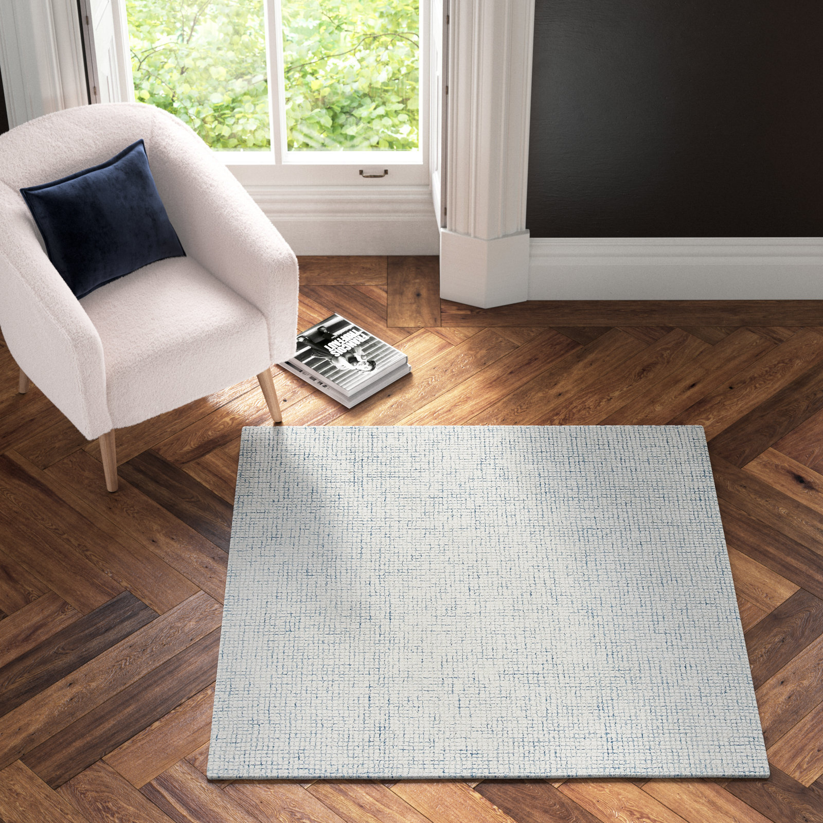 Rowe Ivory Blue Hand-Tufted Striped Rug, Square 4'