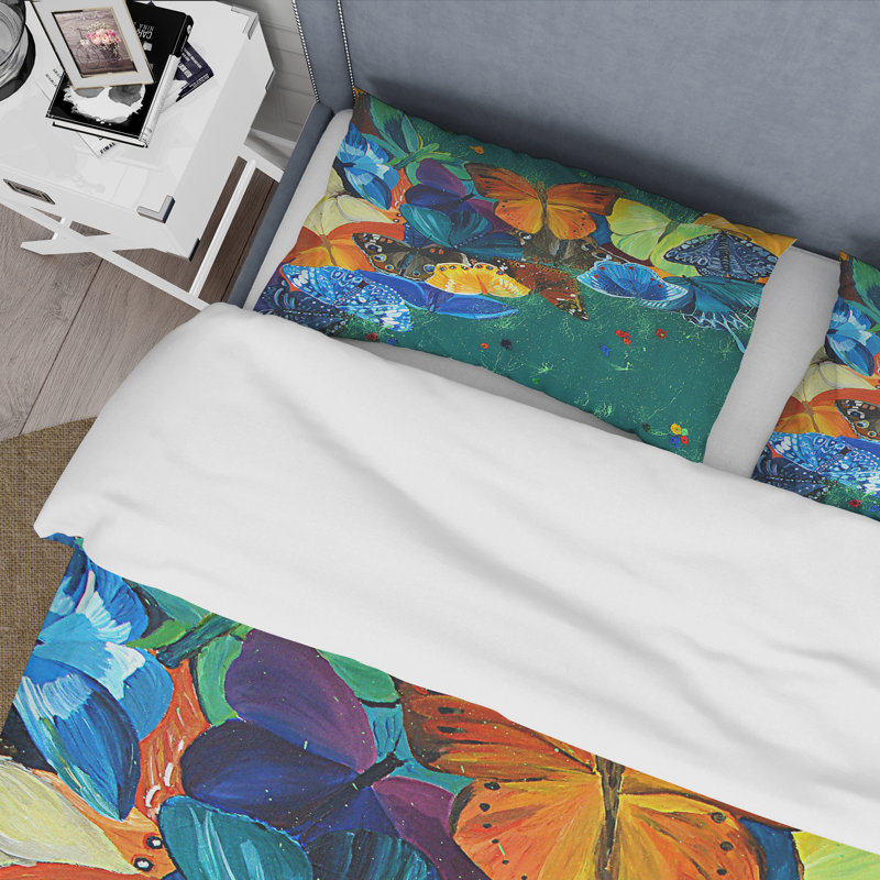 Color Butterflies On A Green - Ensemble de housse de couette moderne - Polyester microfibre