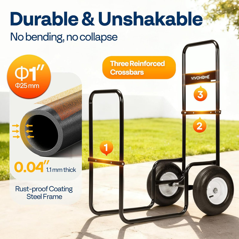 Chariot à bûches robuste en acier de 300 lb avec couvercle