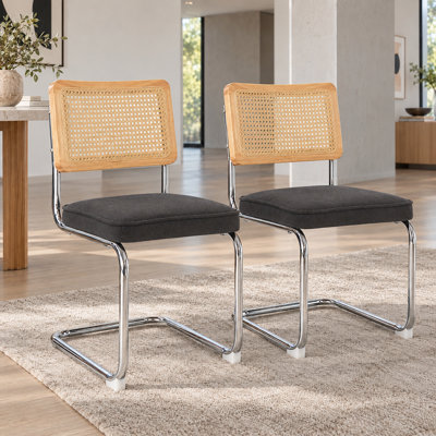 Breuer Inspired Linen Accent Chairs - Set Of 2, Rattan Back, Steel Frame, Cantilever Design