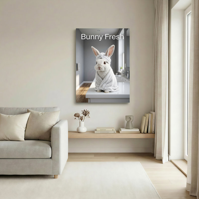 Ensemble de 1 tableau mural en toile tendue représentant un lapin blanc frais enveloppé dans une serviette, H 36 po x l 24 po