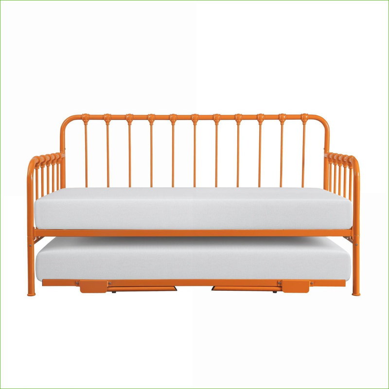 Daybed with Lift-Up Trundle, Classic Metal Frame Orange Finish for Bedrooms | Orange|Metal, Orange Corduroy