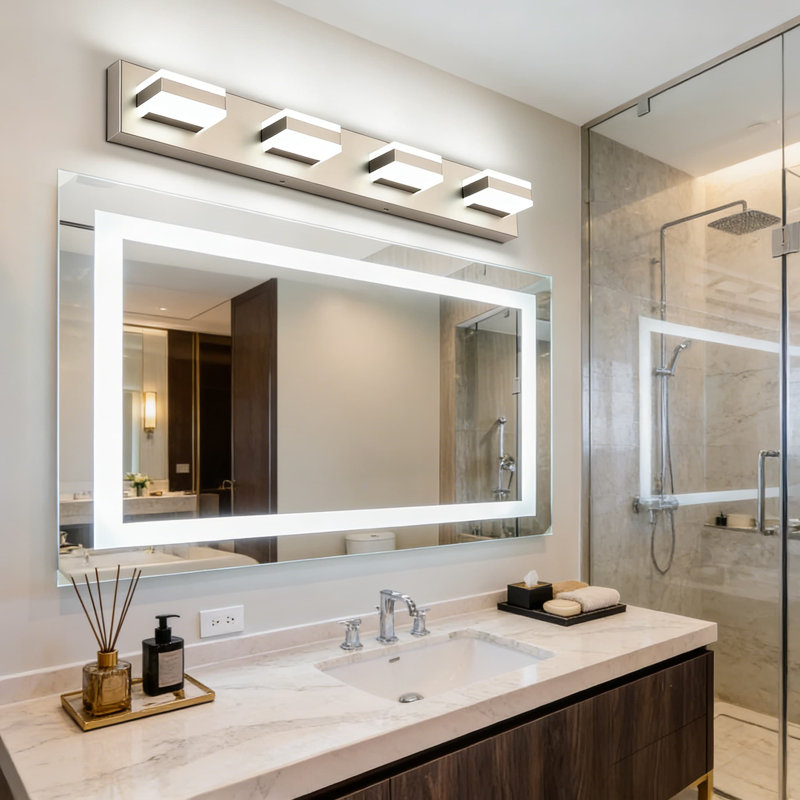 Luminaire de salle de bain moderne à 4 lumières avec éclairage à DEL à intensité variable et finition nickel brossé pour installation au-dessus d'un miroir