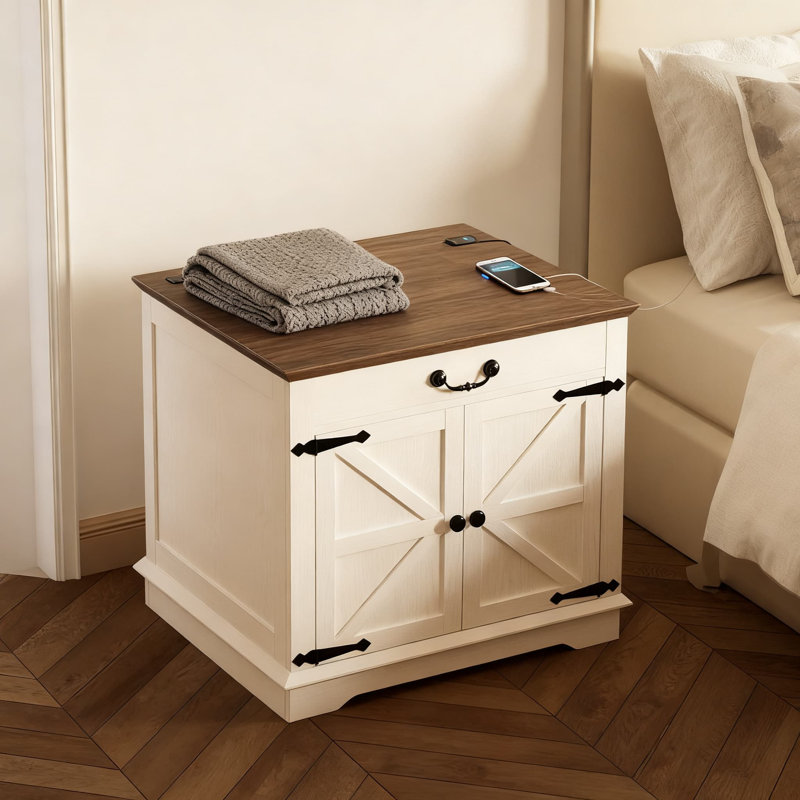 Table de bout Farmhouse avec station de charge, grande table d'appoint avec tiroir et tablette de rangement, table de chevet carrée rustique avec tablette réglable pour le salon et la chambre à coucher