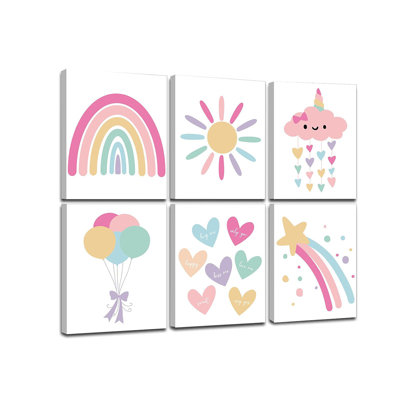 Décoration murale arc-en-ciel pour chambre de filles, art mural arc-en-ciel en toile, impressions murales colorées pour chambre d'enfant en bas âge (ensemble de 6, 8 x 10 pouces, encadré)